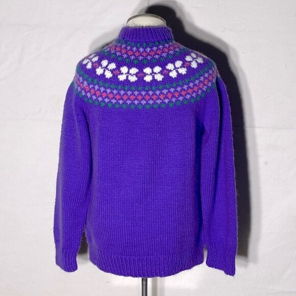 Hand Knit Purple Fair Isle Mock Neck Sweater M - Picture 4 of 11